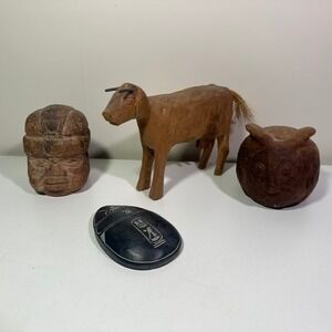 Lot of 4 Shelf Decor Wooden Cow, Olmec Head, Rabbit, Scarab Carving - Trinkets